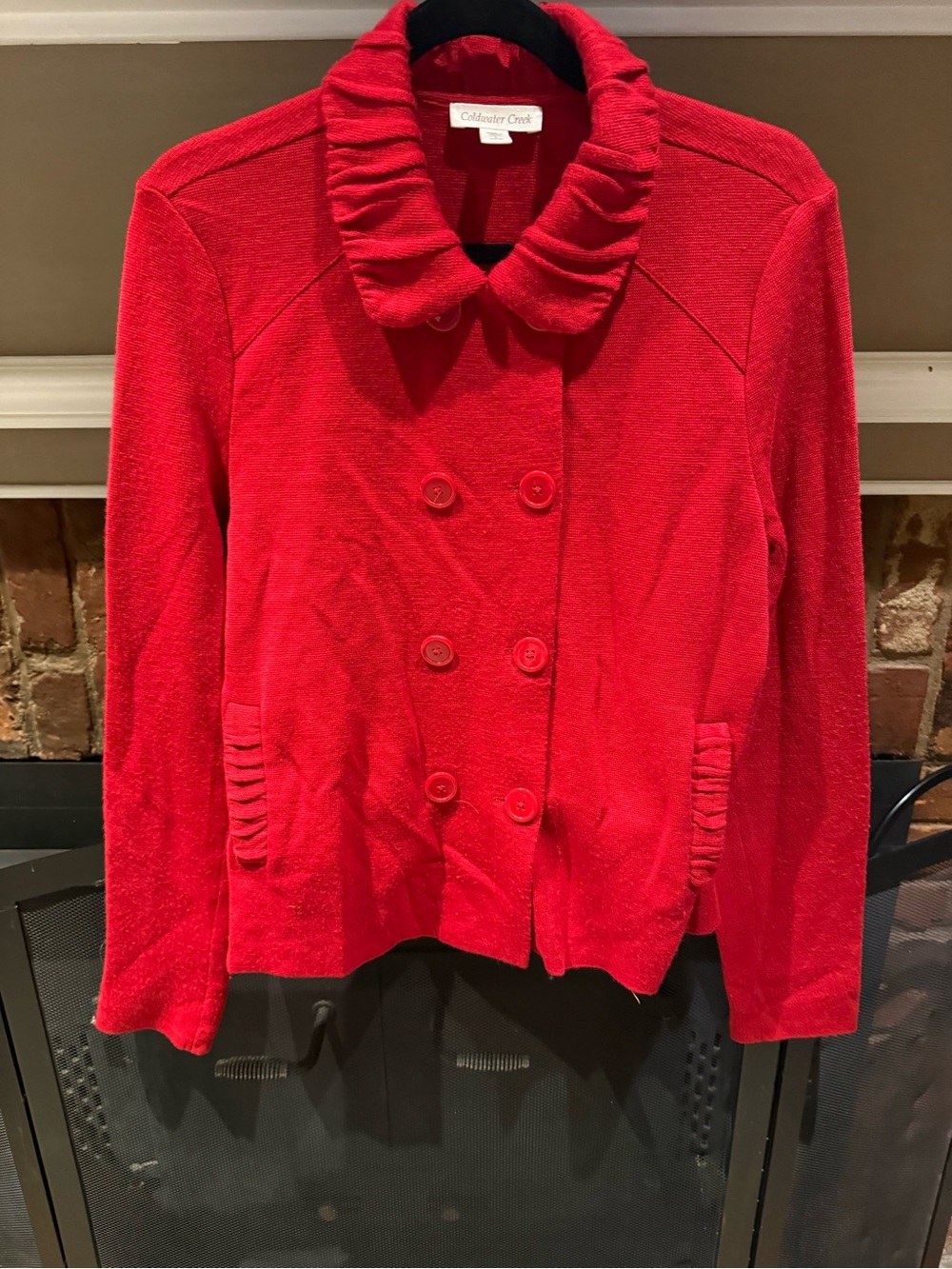 Coldwater Creek Red Double-Breasted Knit Sweater Jacket Ruffle Collar Large